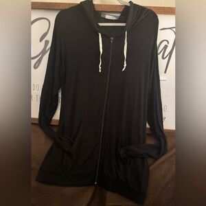 Blumin apparel Black Zip-Up Hoodie with White Drawstrings mesh detail on back